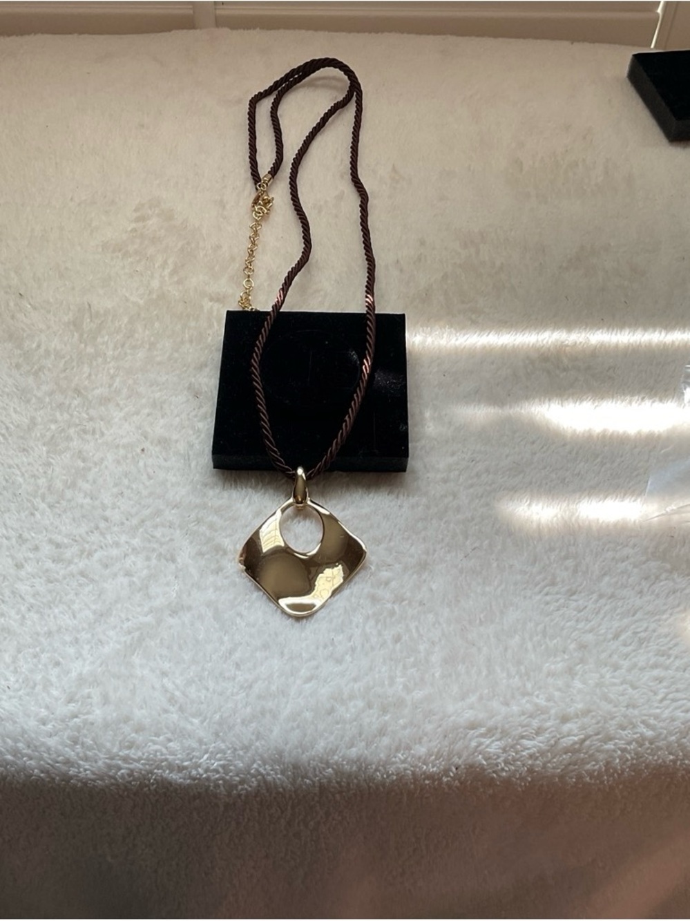 Contemporary Gold-Tone Geometric Pendant Necklace in Brown Cord